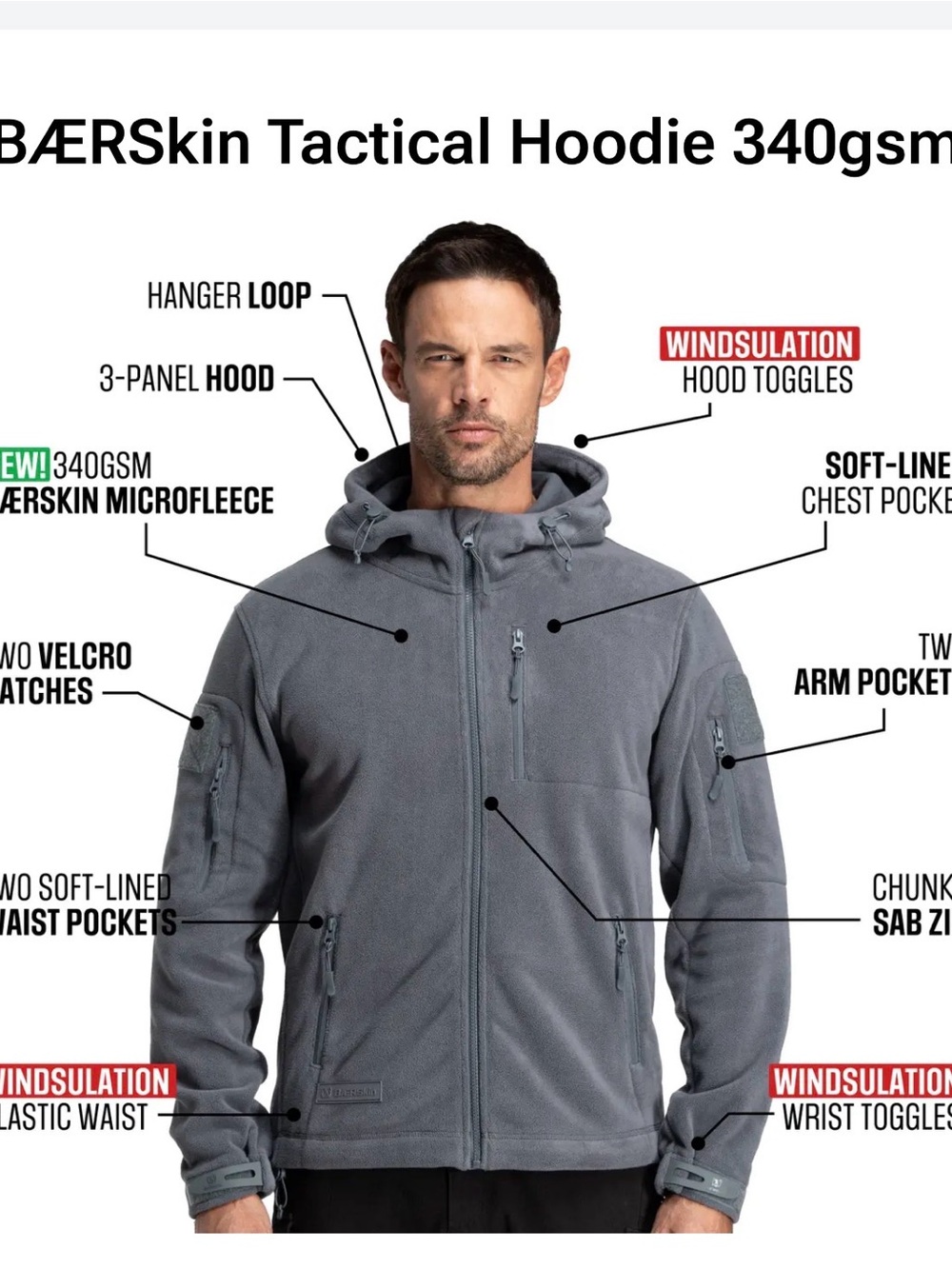 340gsm BÆRSkin™ MicroFleece:
Men’s Tactical Hoodie Jacket - Gray